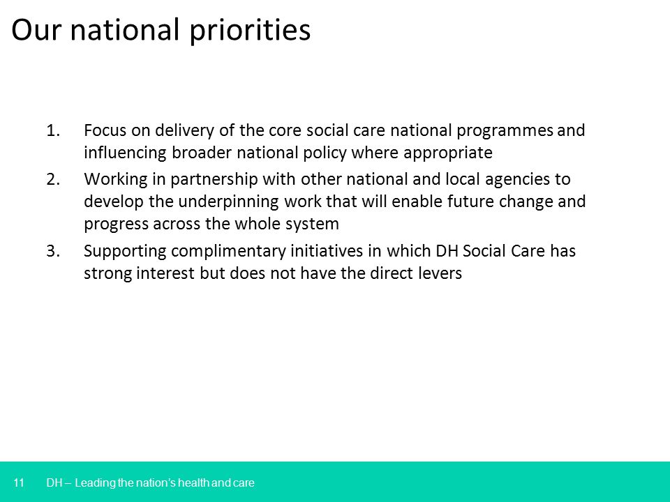 11 Our national priorities DH – Leading the nation’s health and care 1.Focus on delivery of the core social care national programmes and influencing broader national policy where appropriate 2.Working in partnership with other national and local agencies to develop the underpinning work that will enable future change and progress across the whole system 3.Supporting complimentary initiatives in which DH Social Care has strong interest but does not have the direct levers