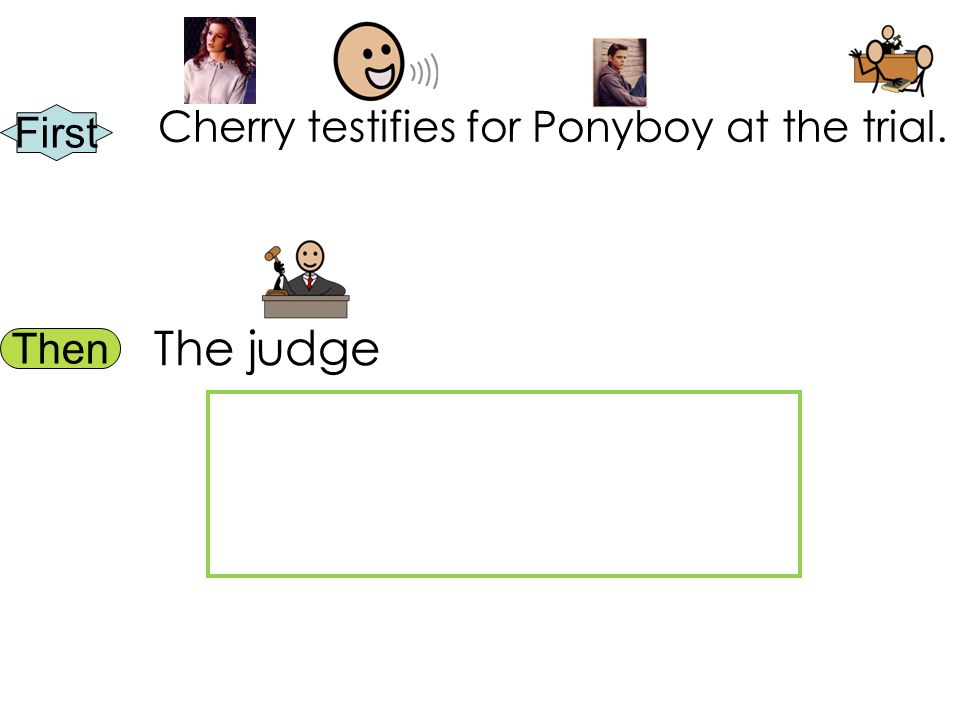First Then Cherry testifies for Ponyboy at the trial. The judge
