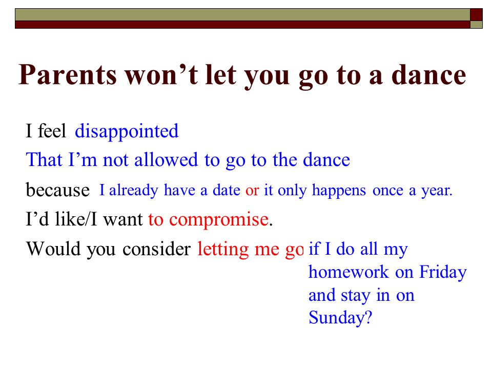 Parents won’t let you go to a dance I feel angry when you said I couldn’t go to Homecoming.