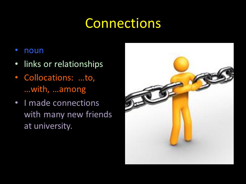 Connections noun links or relationships Collocations: …to, …with, …among I made connections with many new friends at university.