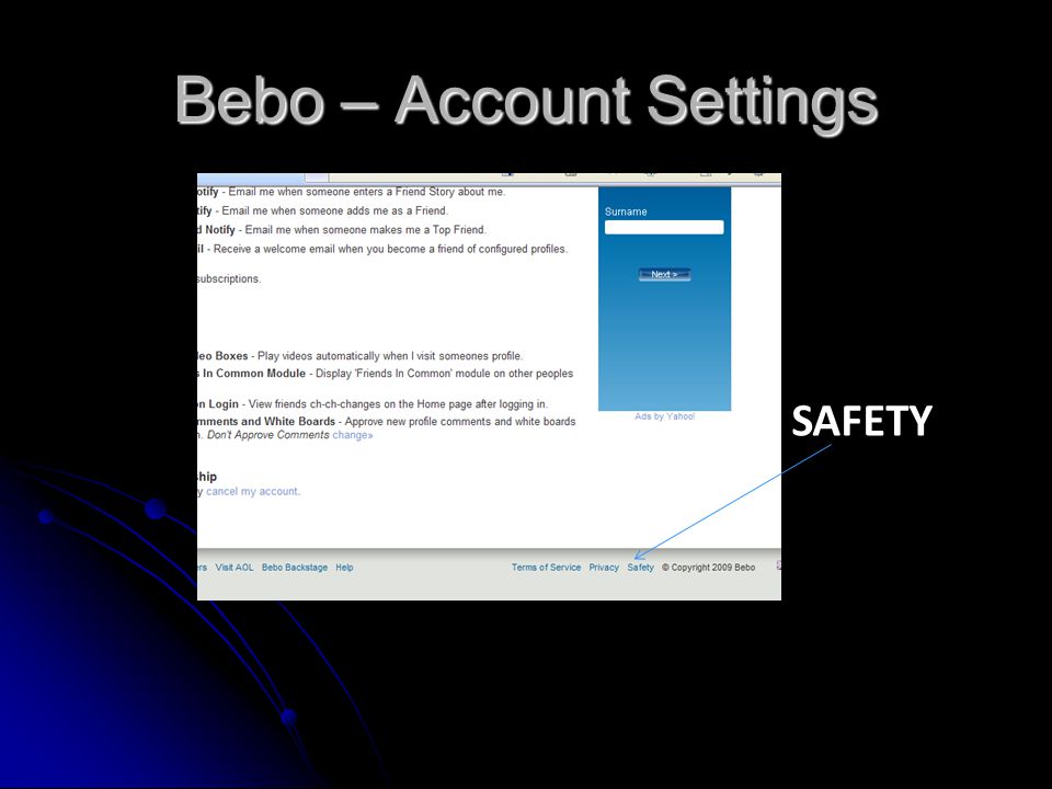 Bebo – Account Settings SAFETY