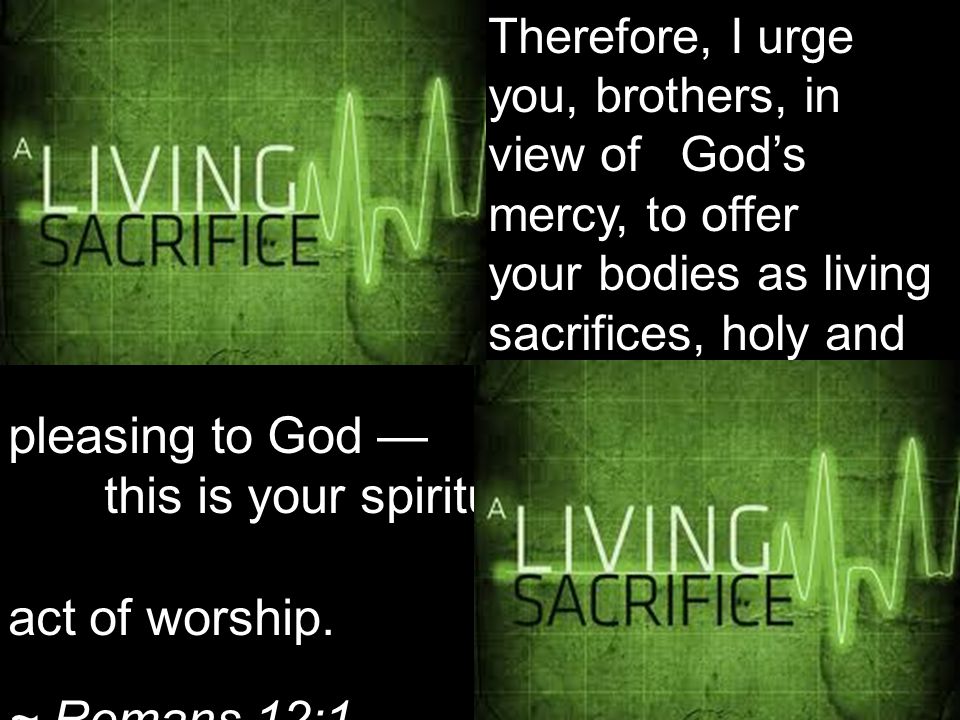 Therefore, I urge you, brothers, in view of God’s mercy, to offer your bodies as living sacrifices, holy and pleasing to God — this is your spiritual act of worship.