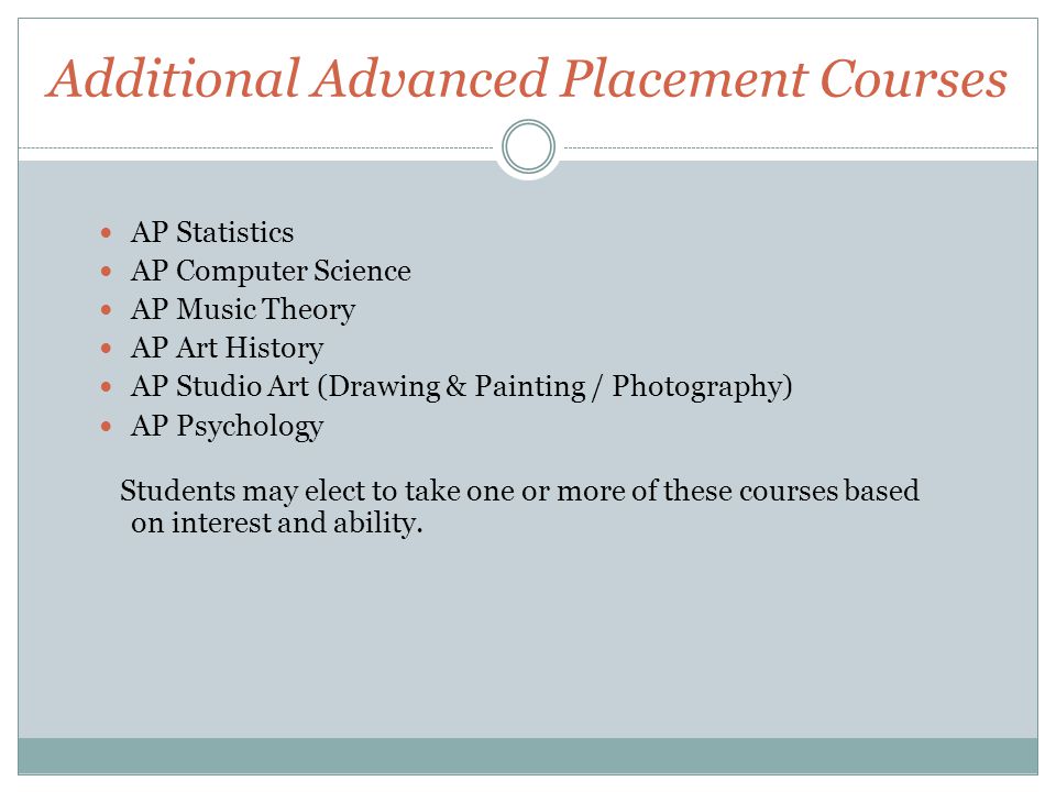 Additional Advanced Placement Courses AP Statistics AP Computer Science AP Music Theory AP Art History AP Studio Art (Drawing & Painting / Photography) AP Psychology Students may elect to take one or more of these courses based on interest and ability.