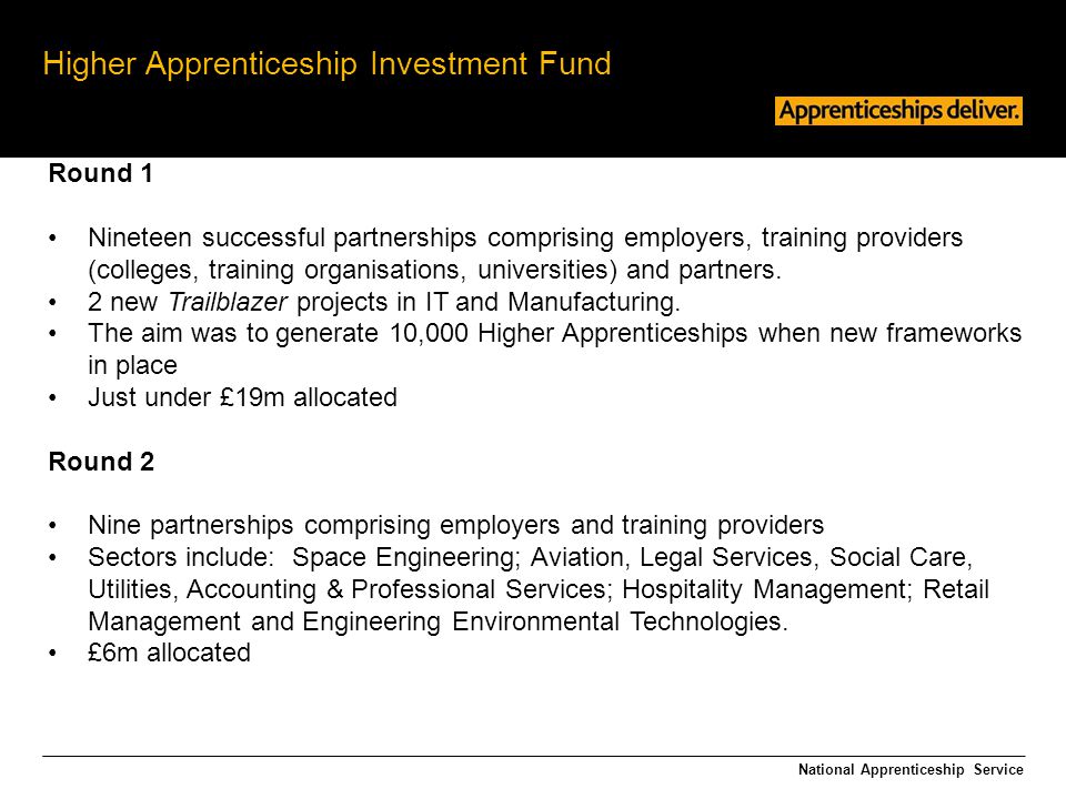 Higher Apprenticeship Investment Fund National Apprenticeship Service Round 1 Nineteen successful partnerships comprising employers, training providers (colleges, training organisations, universities) and partners.