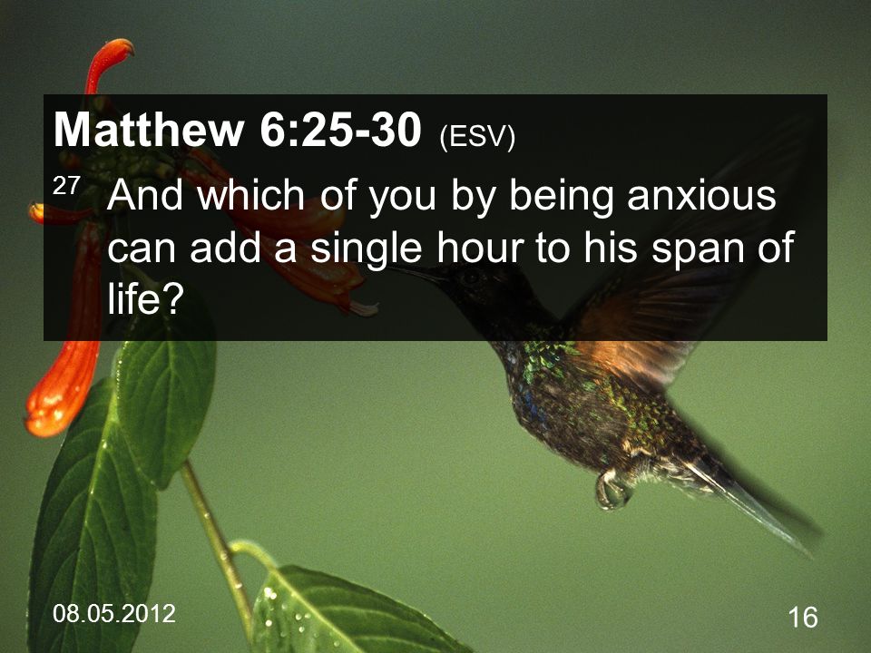 Matthew 6:25-30 (ESV) 27 And which of you by being anxious can add a single hour to his span of life