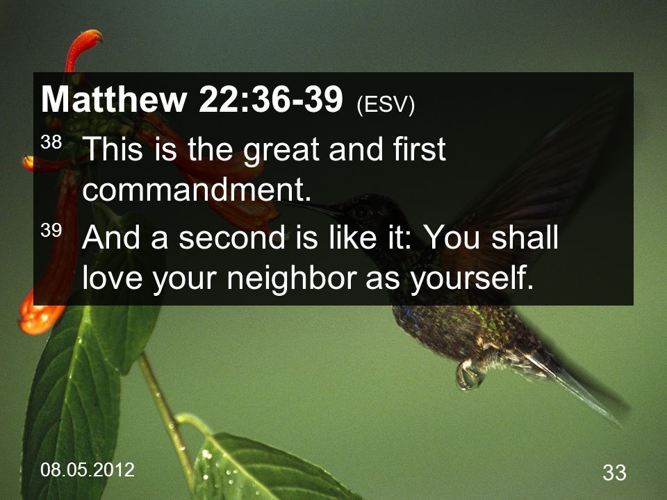 Matthew 22:36-39 (ESV) 38 This is the great and first commandment.