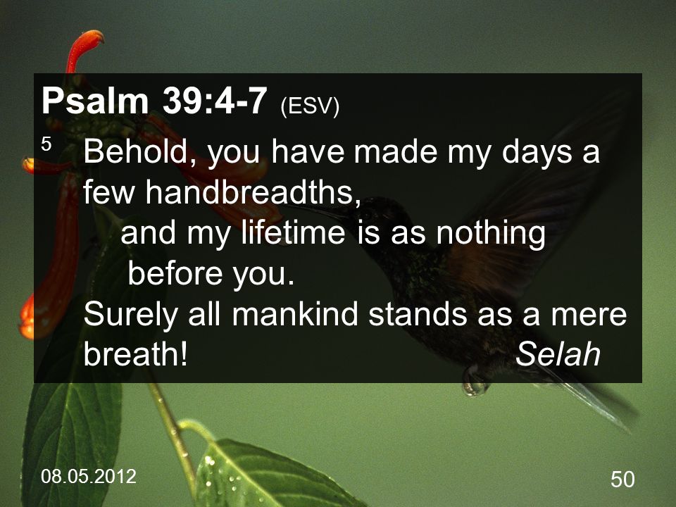 Psalm 39:4-7 (ESV) 5 Behold, you have made my days a few handbreadths, and my lifetime is as nothing before you.