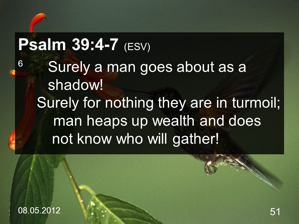 Psalm 39:4-7 (ESV) 6 Surely a man goes about as a shadow.