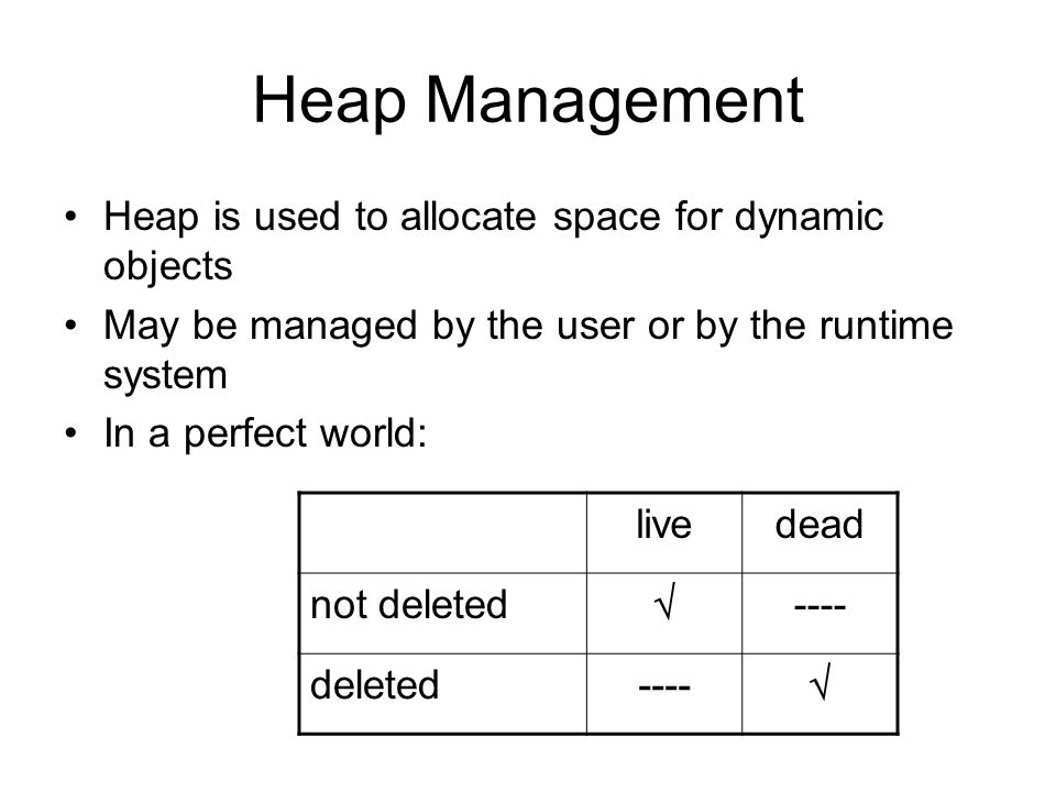 Heap Management Heap is used to allocate space for dynamic objects May be managed by the user or by the runtime system In a perfect world: livedead not deleted  ---- deleted---- 