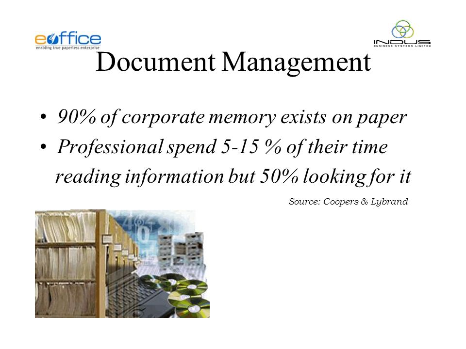 Document Management 90% of corporate memory exists on paper Professional spend 5-15 % of their time reading information but 50% looking for it Source: Coopers & Lybrand