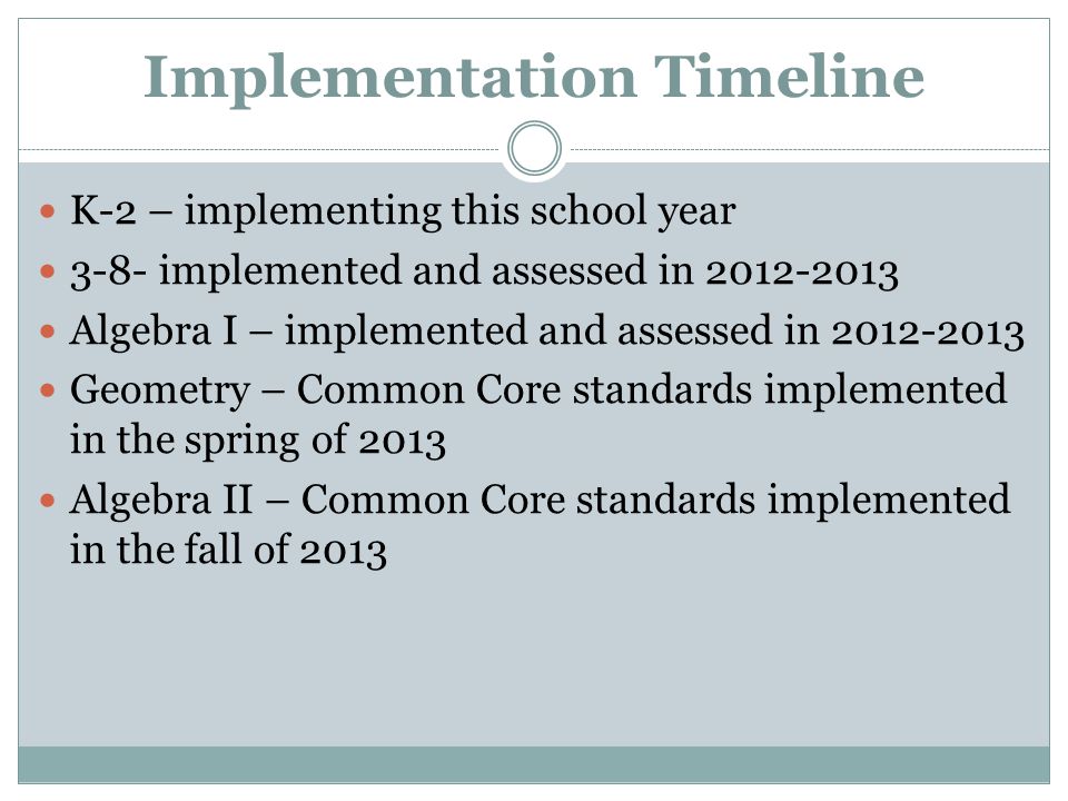 Implementation Timeline K-2 – implementing this school year 3-8- implemented and assessed in Algebra I – implemented and assessed in Geometry – Common Core standards implemented in the spring of 2013 Algebra II – Common Core standards implemented in the fall of 2013