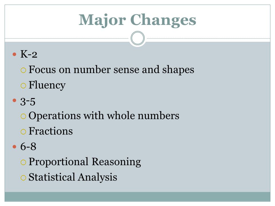 Major Changes K-2  Focus on number sense and shapes  Fluency 3-5  Operations with whole numbers  Fractions 6-8  Proportional Reasoning  Statistical Analysis