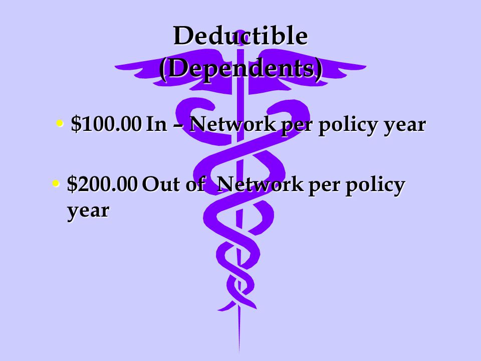 Deductible (Dependents) $ In – Network per policy year $ In – Network per policy year $ Out of Network per policy year $ Out of Network per policy year
