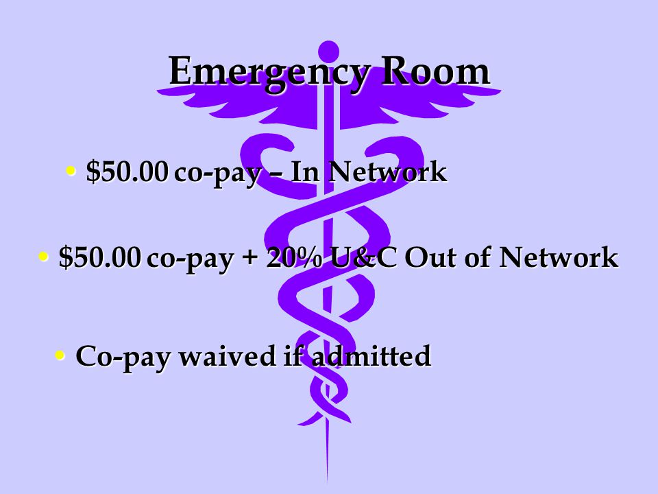 Emergency Room $50.00 co-pay – In Network $50.00 co-pay – In Network $50.00 co-pay + 20% U&C Out of Network $50.00 co-pay + 20% U&C Out of Network Co-pay waived if admitted Co-pay waived if admitted