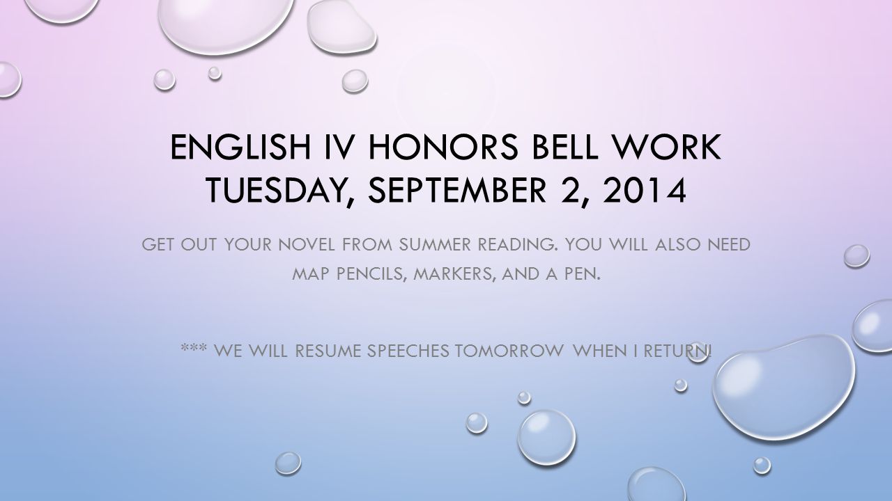 ENGLISH IV HONORS BELL WORK TUESDAY, SEPTEMBER 2, 2014 GET OUT YOUR NOVEL FROM SUMMER READING.