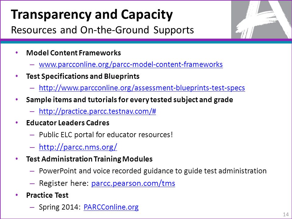 Transparency and Capacity Resources and On-the-Ground Supports Model Content Frameworks –     Test Specifications and Blueprints –     Sample items and tutorials for every tested subject and grade –     Educator Leaders Cadres – Public ELC portal for educator resources.