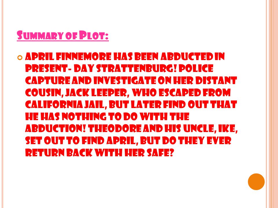 S UMMARY OF P LOT : April Finnemore has been abducted in present- day Strattenburg.