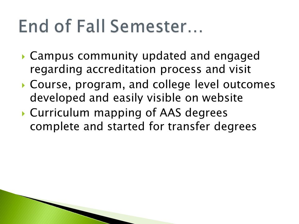  Campus community updated and engaged regarding accreditation process and visit  Course, program, and college level outcomes developed and easily visible on website  Curriculum mapping of AAS degrees complete and started for transfer degrees