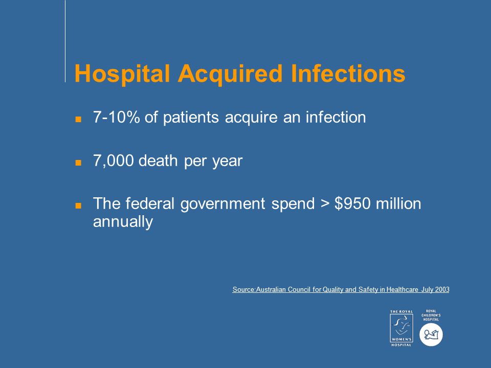 Hospital Acquired Infections n 7-10% of patients acquire an infection n 7,000 death per year n The federal government spend > $950 million annually Source:Australian Council for Quality and Safety in Healthcare July 2003