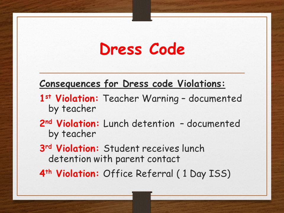 Dress Code Consequences for Dress code Violations: 1 st Violation: Teacher Warning – documented by teacher 2 nd Violation: Lunch detention – documented by teacher 3 rd Violation: Student receives lunch detention with parent contact 4 th Violation: Office Referral ( 1 Day ISS)