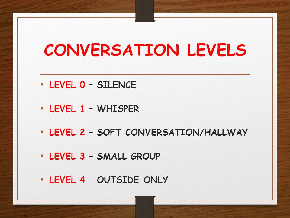 CONVERSATION LEVELS LEVEL 0 – SILENCE LEVEL 1 – WHISPER LEVEL 2 – SOFT CONVERSATION/HALLWAY LEVEL 3 – SMALL GROUP LEVEL 4 – OUTSIDE ONLY