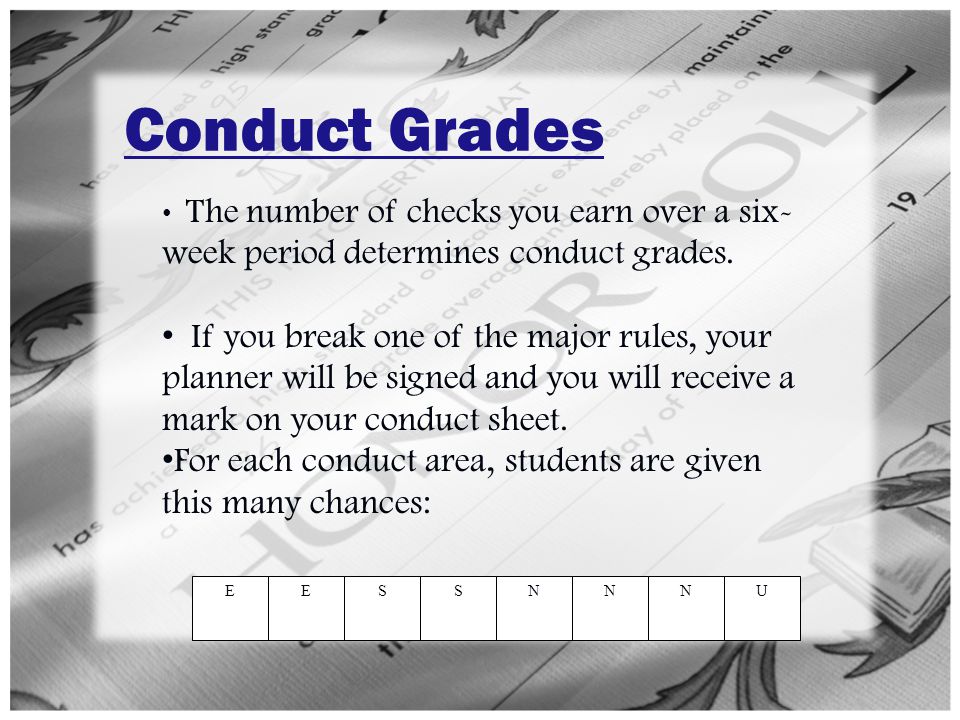 Conduct Grades The number of checks you earn over a six- week period determines conduct grades.
