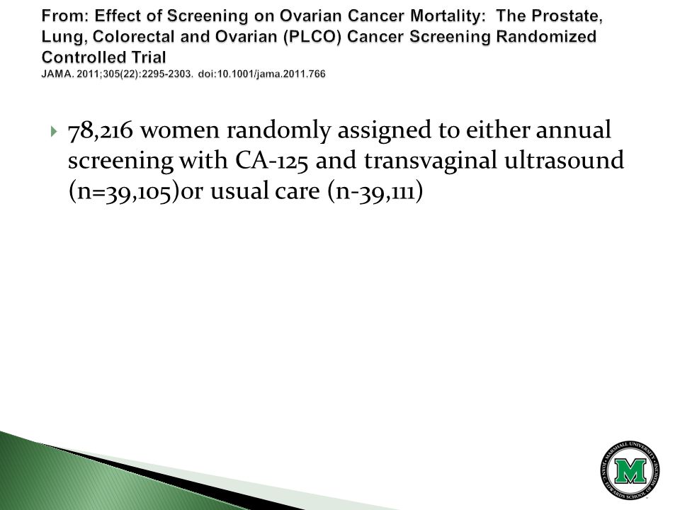  78,216 women randomly assigned to either annual screening with CA-125 and transvaginal ultrasound (n=39,105)or usual care (n-39,111)