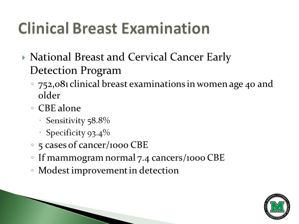  National Breast and Cervical Cancer Early Detection Program ◦ 752,081 clinical breast examinations in women age 40 and older ◦ CBE alone  Sensitivity 58.8%  Specificity 93.4% ◦ 5 cases of cancer/1000 CBE ◦ If mammogram normal 7.4 cancers/1000 CBE ◦ Modest improvement in detection