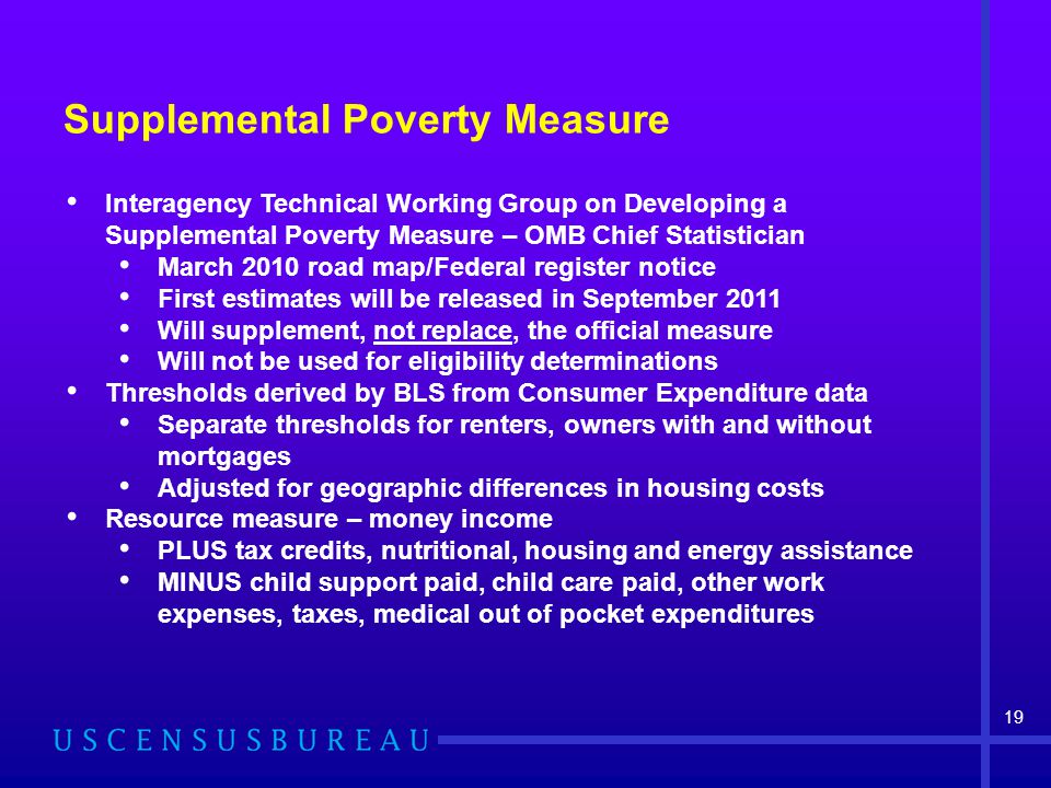 Interagency Technical Working Group on Developing a Supplemental Poverty Measure – OMB Chief Statistician March 2010 road map/Federal register notice First estimates will be released in September 2011 Will supplement, not replace, the official measure Will not be used for eligibility determinations Thresholds derived by BLS from Consumer Expenditure data Separate thresholds for renters, owners with and without mortgages Adjusted for geographic differences in housing costs Resource measure – money income PLUS tax credits, nutritional, housing and energy assistance MINUS child support paid, child care paid, other work expenses, taxes, medical out of pocket expenditures Supplemental Poverty Measure 19