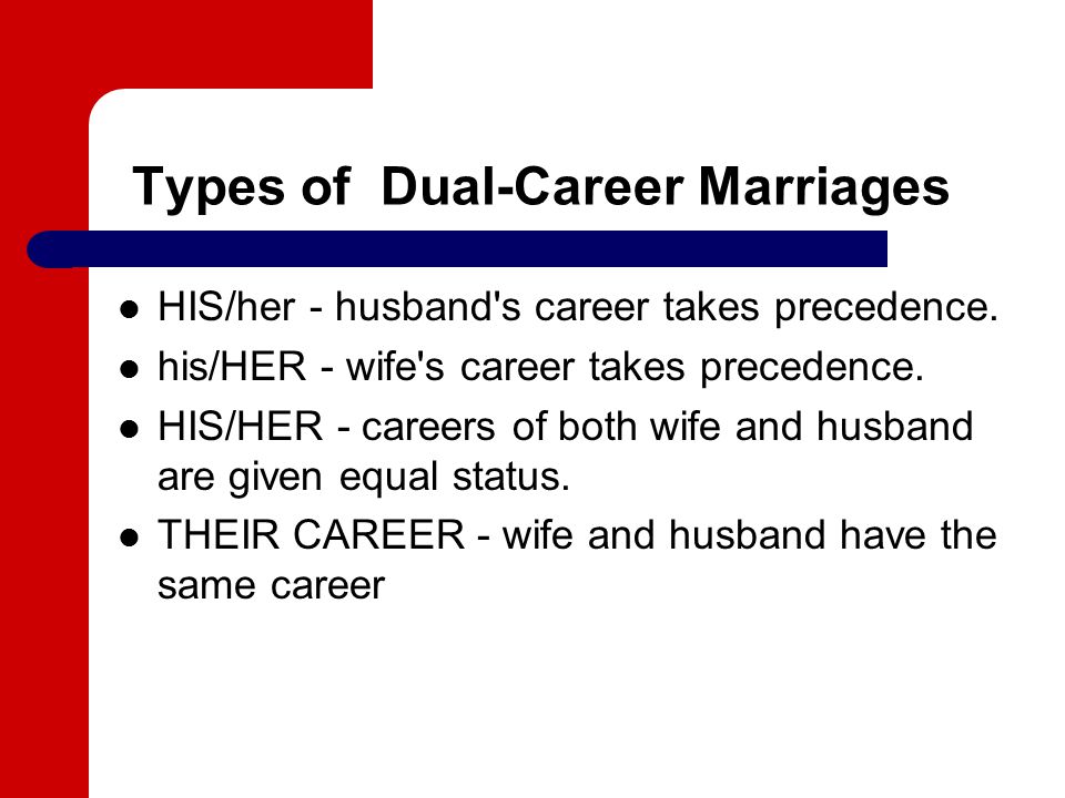 Types of Dual-Career Marriages HIS/her - husband s career takes precedence.