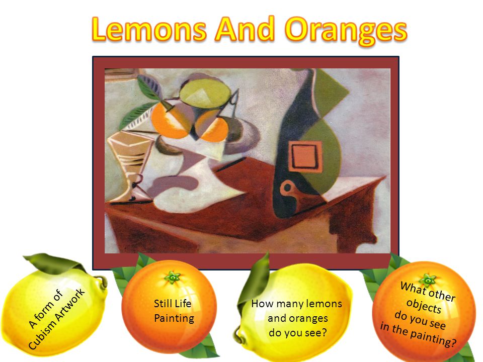 A form of Cubism Artwork Still Life Painting How many lemons and oranges do you see.