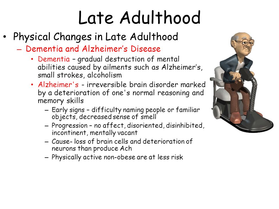 Late Adulthood Physical Changes in Late Adulthood – Dementia and Alzheimer’s Disease Dementia – gradual destruction of mental abilities caused by ailments such as Alzheimer’s, small strokes, alcoholism Alzheimer s - irreversible brain disorder marked by a deterioration of one s normal reasoning and memory skills – Early signs – difficulty naming people or familiar objects, decreased sense of smell – Progression – no affect, disoriented, disinhibited, incontinent, mentally vacant – Cause- loss of brain cells and deterioration of neurons than produce Ach – Physically active non-obese are at less risk