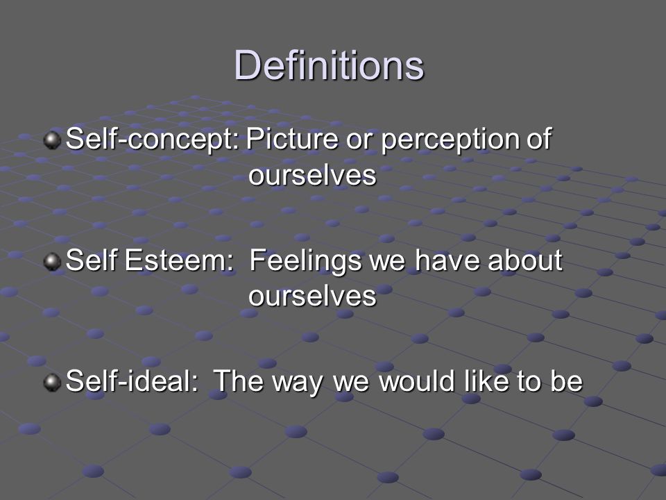 Definitions Self-concept: Picture or perception of ourselves Self Esteem: Feelings we have about ourselves Self-ideal: The way we would like to be