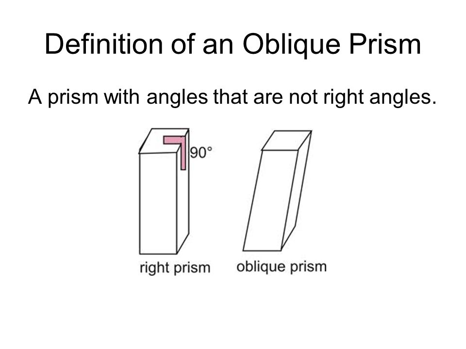 Definition of an Oblique Prism A prism with angles that are not right angles.