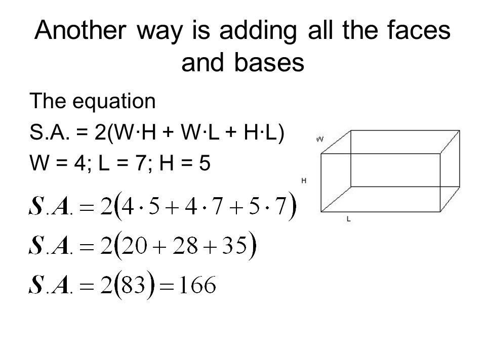 Another way is adding all the faces and bases The equation S.A.