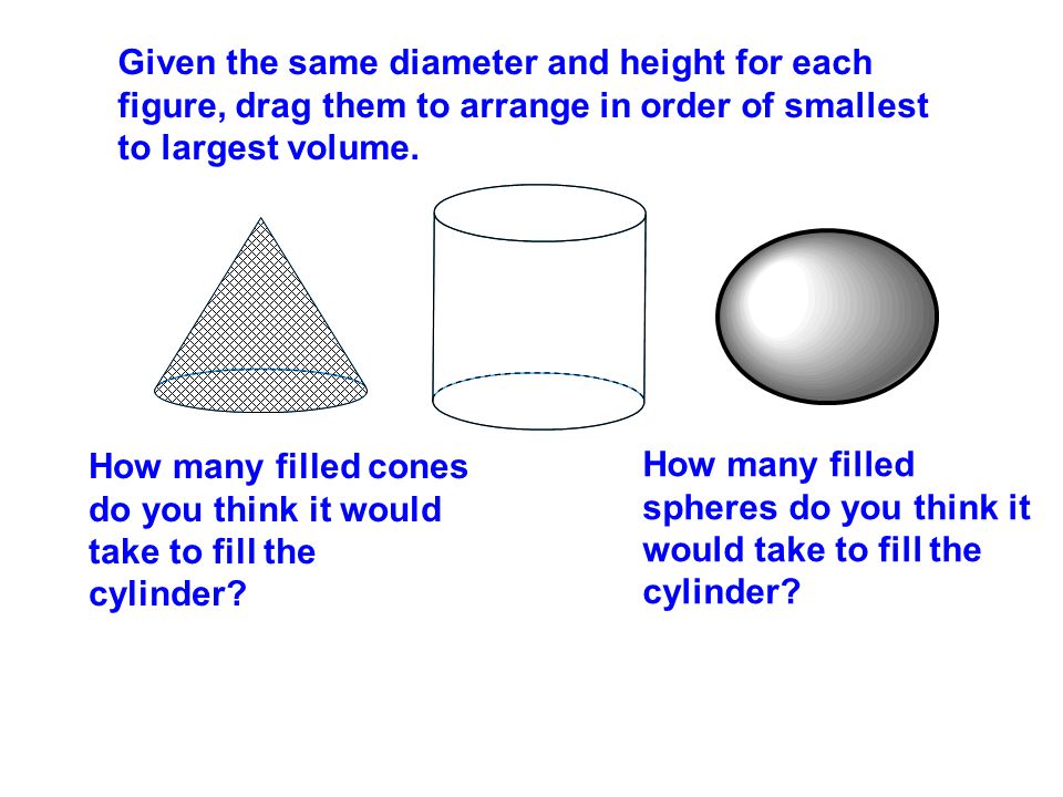 Given the same diameter and height for each figure, drag them to arrange in order of smallest to largest volume.