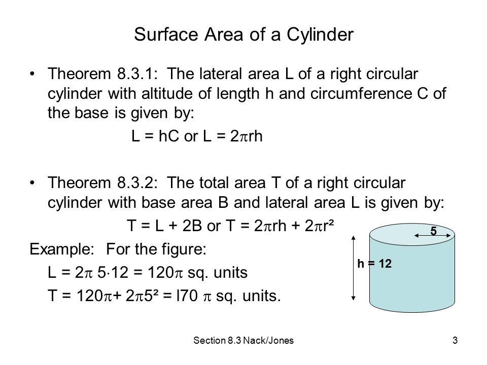 Section 8.3 Nack/Jones3 Surface Area of a Cylinder Theorem 8.3.1: The lateral area L of a right circular cylinder with altitude of length h and circumference C of the base is given by: L = hC or L = 2  rh Theorem 8.3.2: The total area T of a right circular cylinder with base area B and lateral area L is given by: T = L + 2B or T = 2  rh + 2  r² Example: For the figure: L = 2  5  12 = 120  sq.