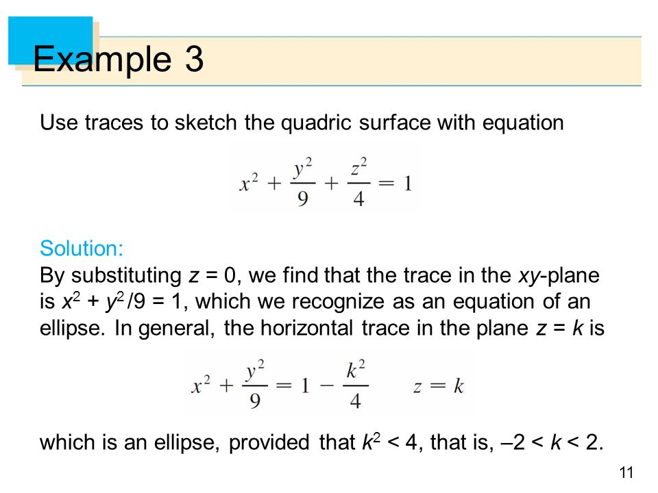 Copyright Cene Learning All Rights Reserved 12 Vectors And 11 Example 3 Use Traces To Sketch The Quadric Surface With Equation Solution By Substituting