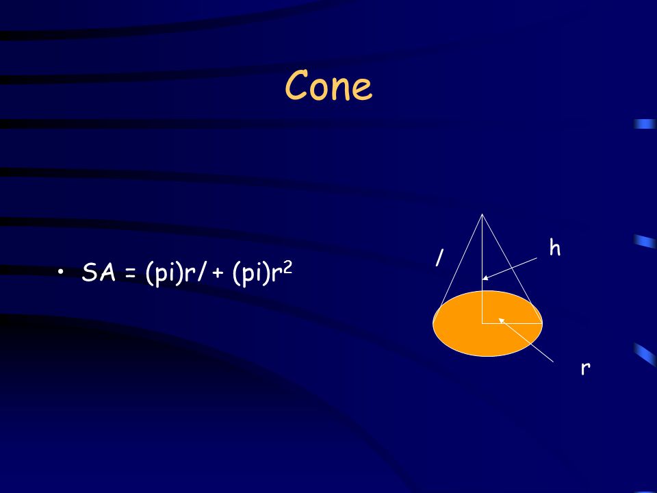 Cone Volume = 1/3(pi)r 2 h l h r
