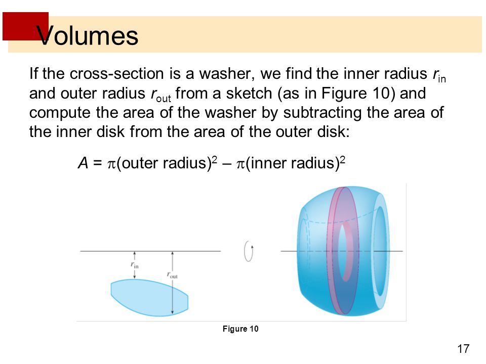17 Volumes If the cross-section is a washer, we find the inner radius r in and outer radius r out from a sketch (as in Figure 10) and compute the area of the washer by subtracting the area of the inner disk from the area of the outer disk: A =  (outer radius) 2 –  (inner radius) 2 Figure 10