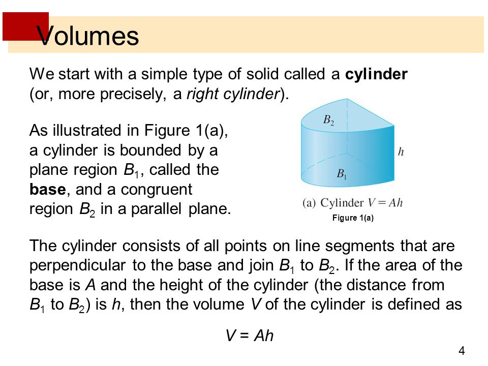 4 Volumes We start with a simple type of solid called a cylinder (or, more precisely, a right cylinder).