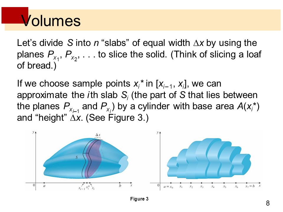8 Volumes Let’s divide S into n slabs of equal width  x by using the planes P x 1, P x 2,...