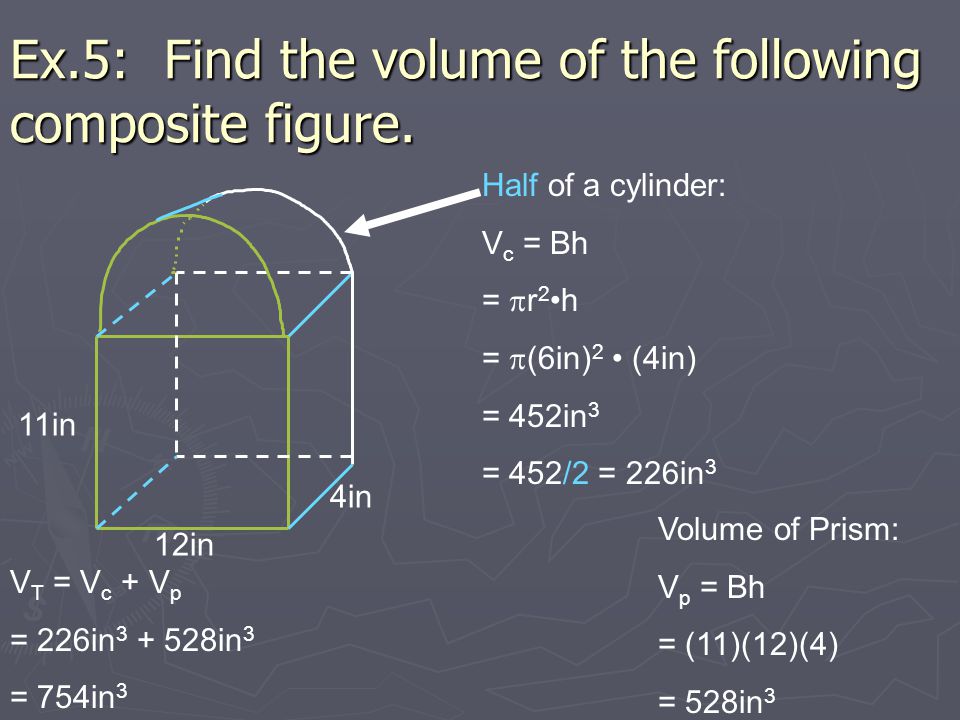 Ex.5: Find the volume of the following composite figure.