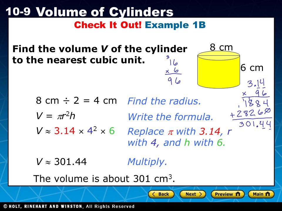 Holt CA Course Volume of Cylinders Check It Out.