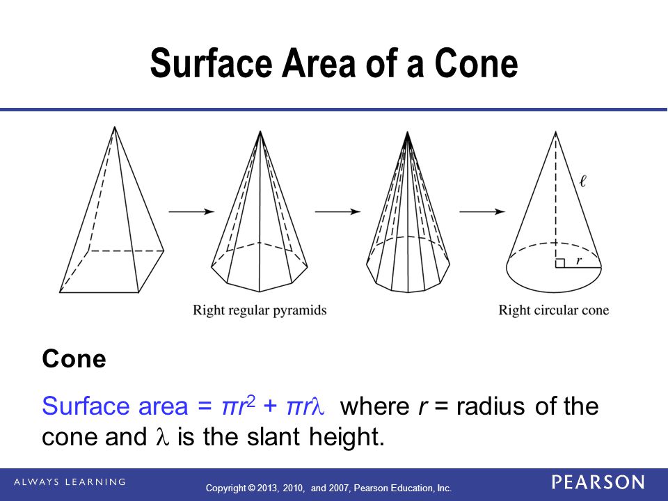Surface Area of a Cone Cone Surface area = πr 2 + πr where r = radius of the cone and is the slant height.