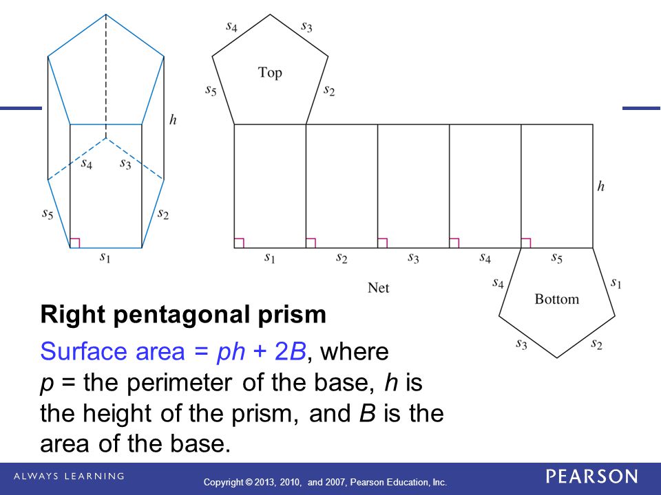 Right pentagonal prism Surface area = ph + 2B, where p = the perimeter of the base, h is the height of the prism, and B is the area of the base.