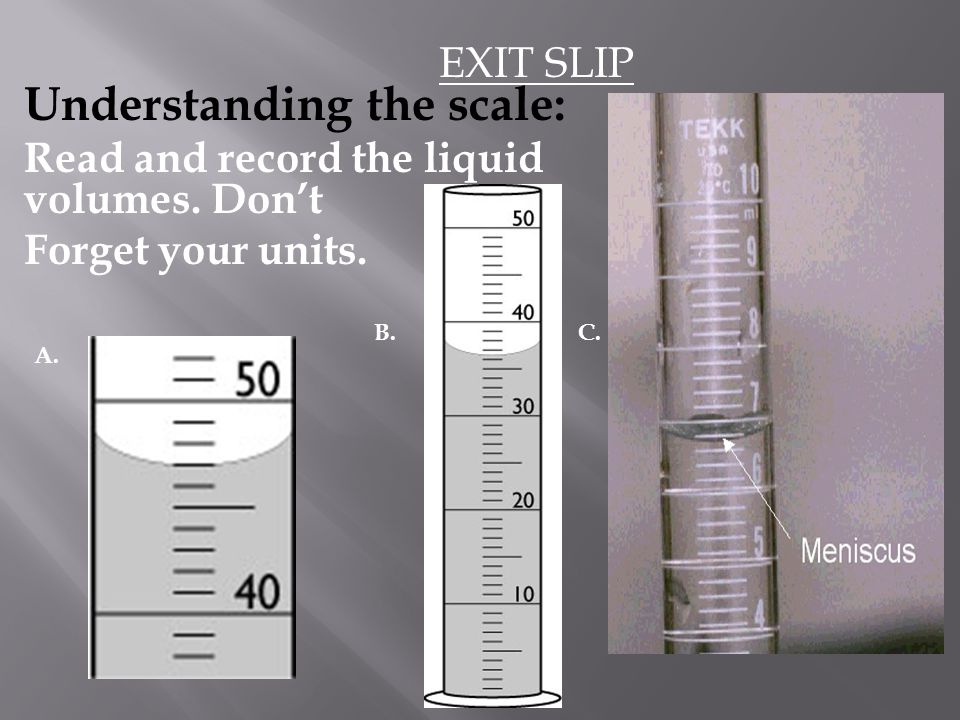 Understanding the scale: Read and record the liquid volumes.