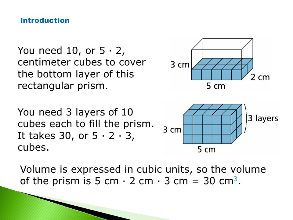 You need 10, or 5 · 2, centimeter cubes to cover the bottom layer of this rectangular prism.