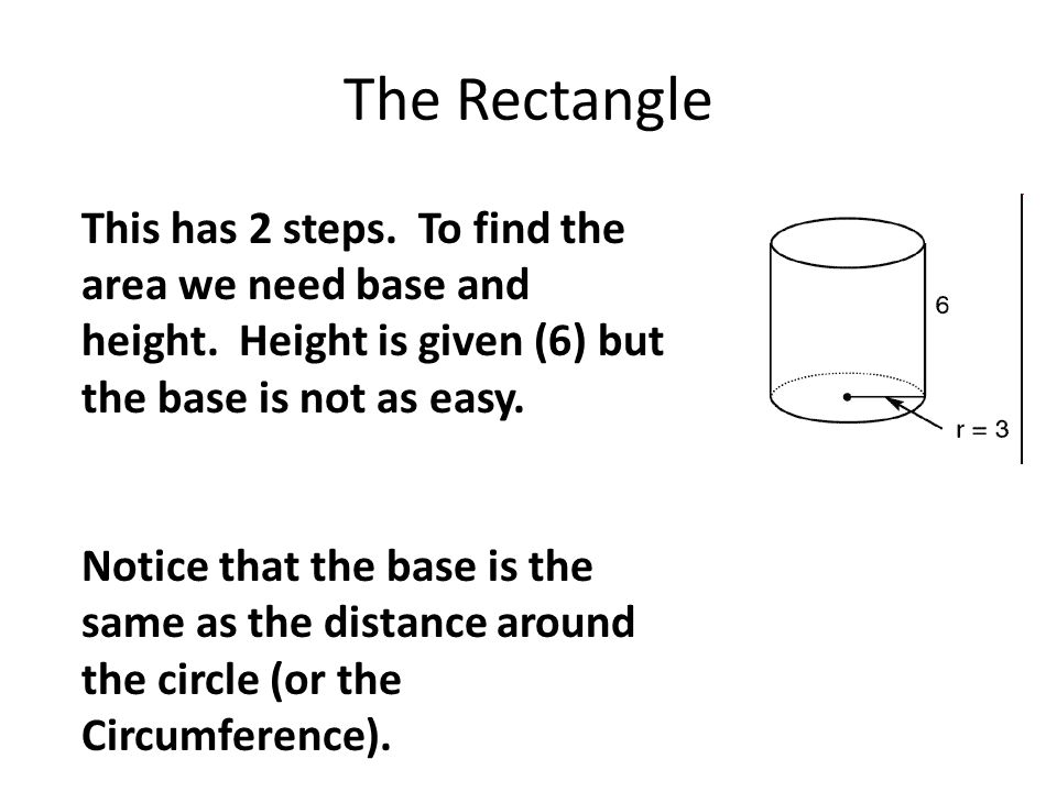 The Rectangle This has 2 steps. To find the area we need base and height.