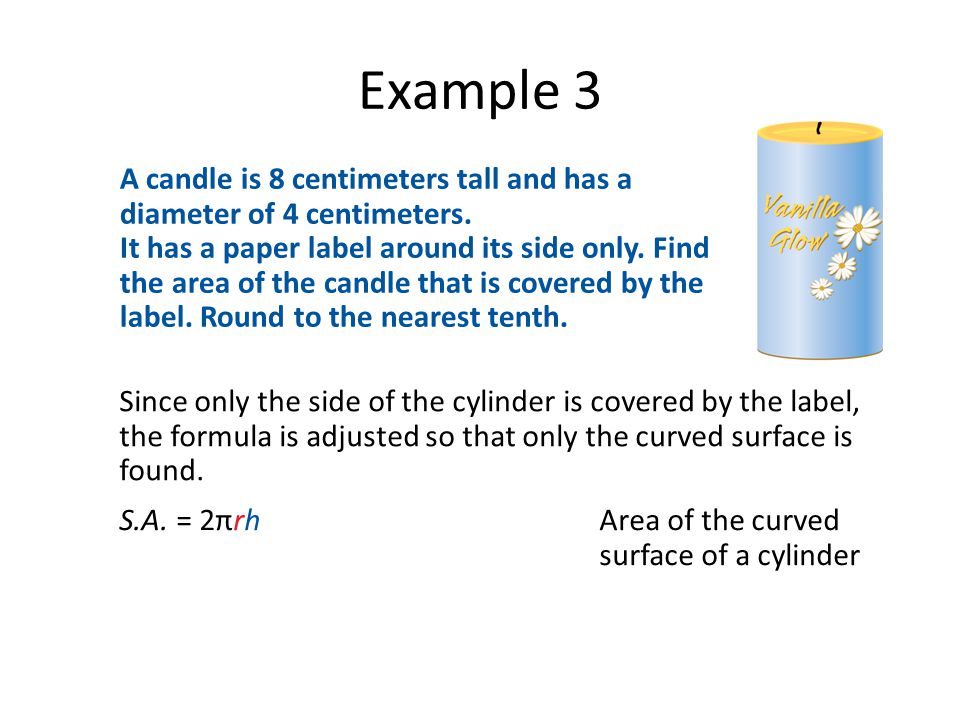 Example 3 A candle is 8 centimeters tall and has a diameter of 4 centimeters.